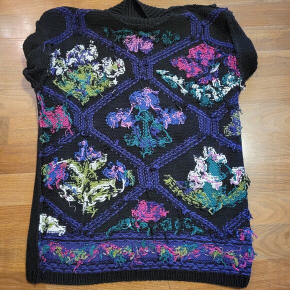PK Elliot, M | Vintage Black Floral Mock Neck Granny Knit Sweater - Picture 5 of 6